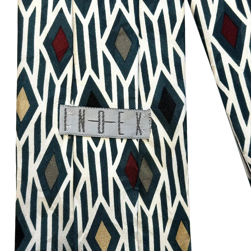 INDEX Vintage Men's Diamond Geo Pattern Silk‎ Tie • white, blue, multicolor